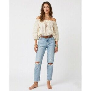 Free People Women's Light Distressed Straight Fit High Waist Button Fly Jeans 25